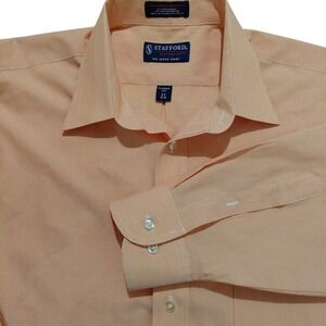 Stafford Performance Super Shirt Men 17 34-35 Classic Fit Peach Stripe Button Up
